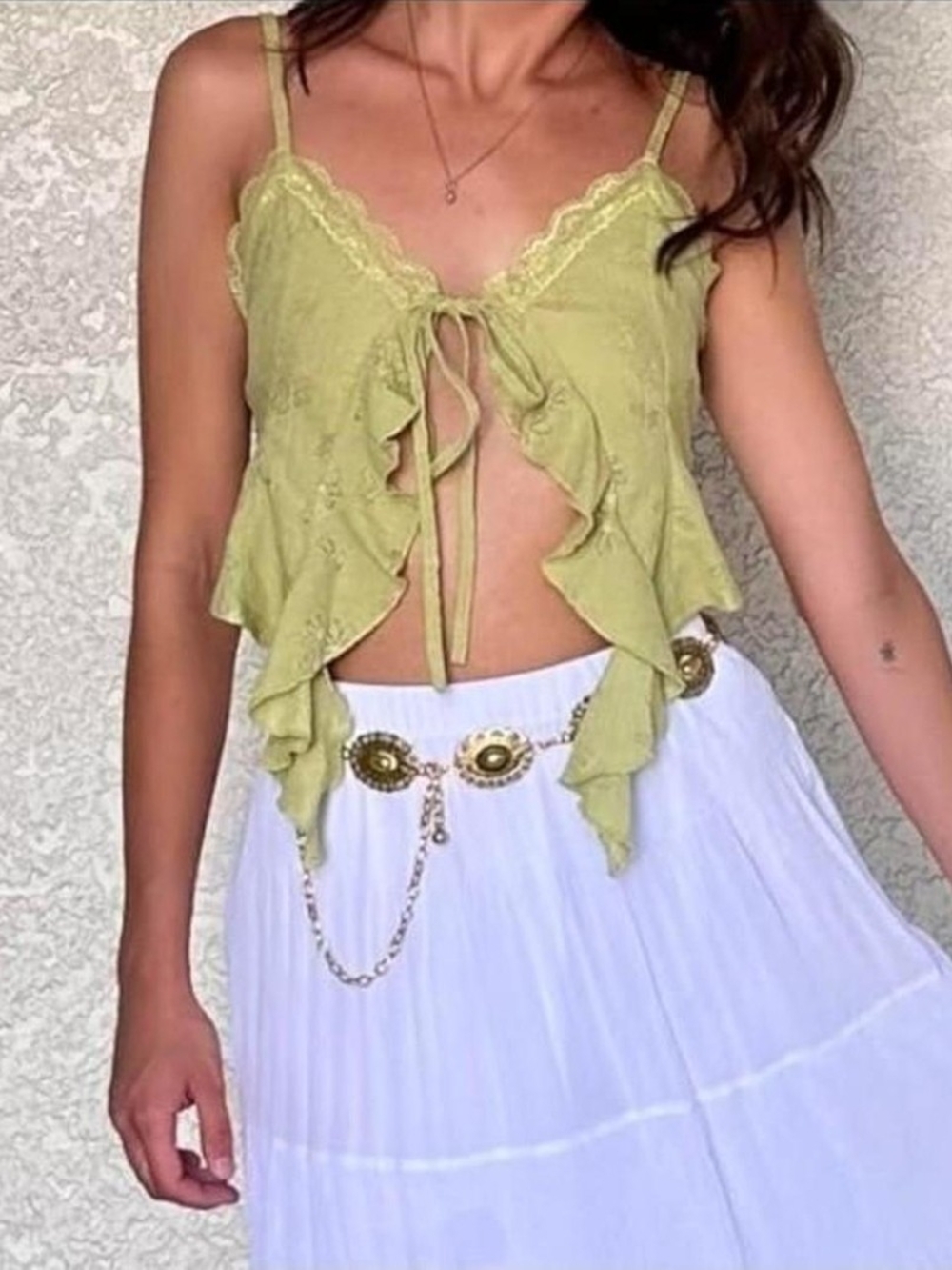 Lace Trim Ruffle Tie-Front Crop Top - Olive Green